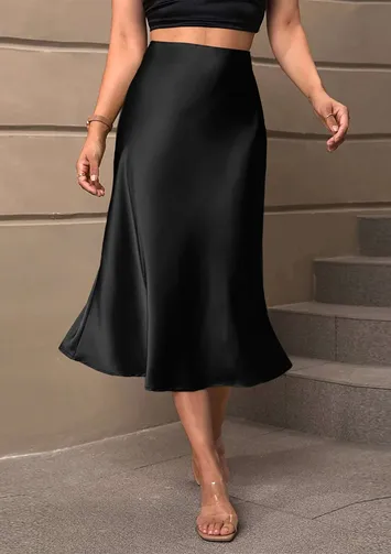 Long black satin fishtail skirt hotsell