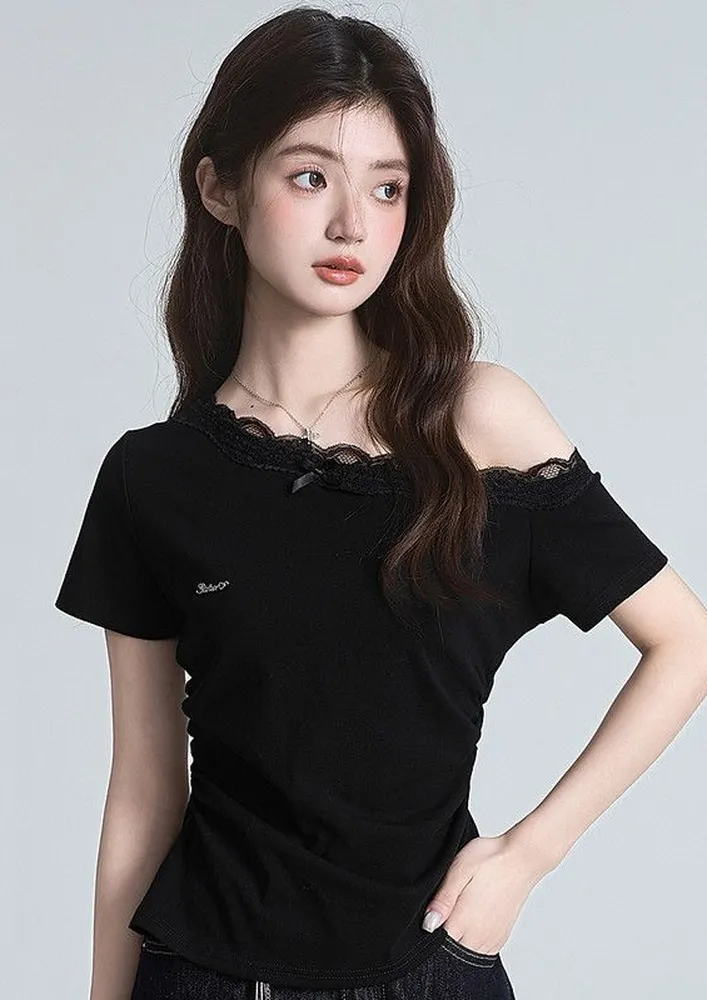 Black Lace-trimmed Asymmetrical Top
