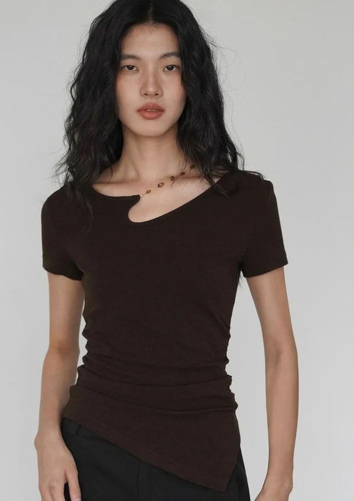 Brown Cut-out Asymmetric Neck Black Top