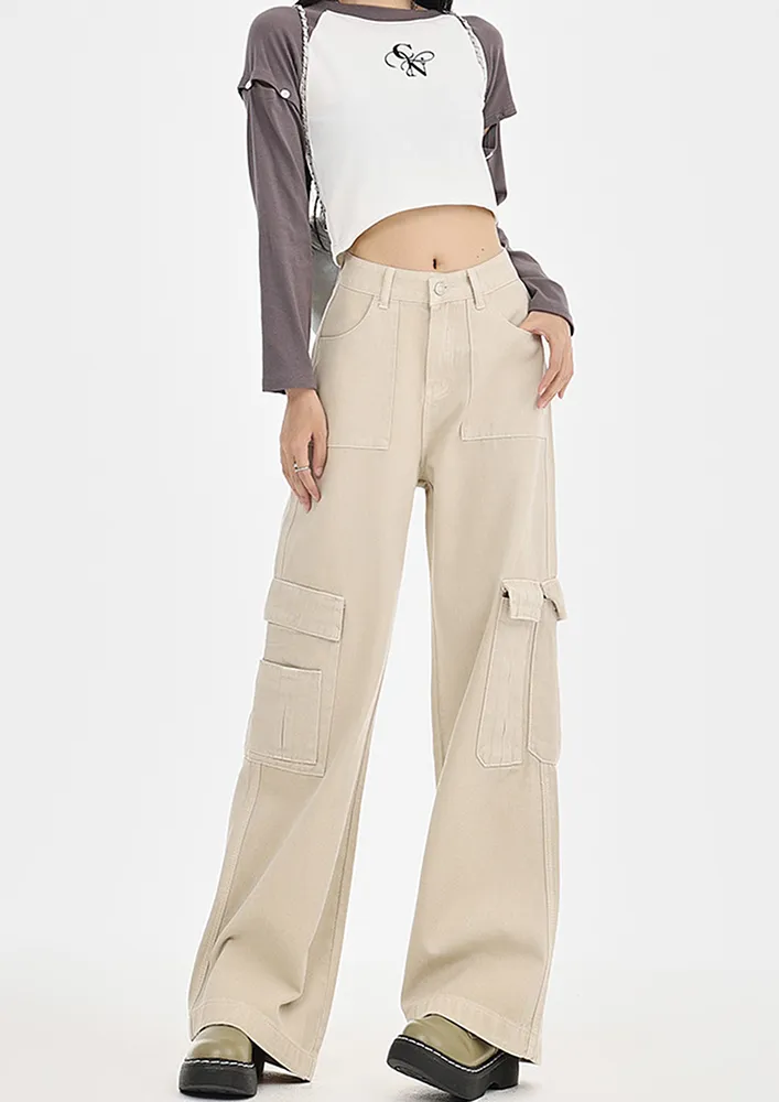 KHAKI STRAIGHT BOX PLEATED POCKETS CARGO PANTS