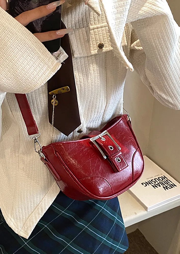 RED BUCKLE-BELT FLAP CROSSBODY BAG
