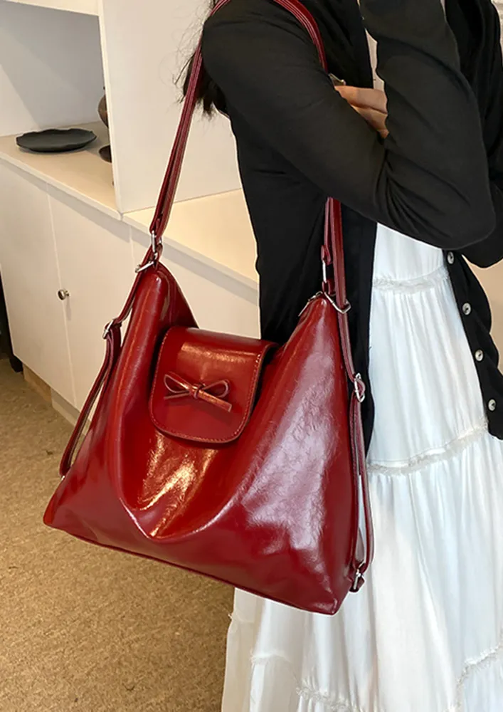 RED CONVERTIBLE PU LEATHER HOBO BAG