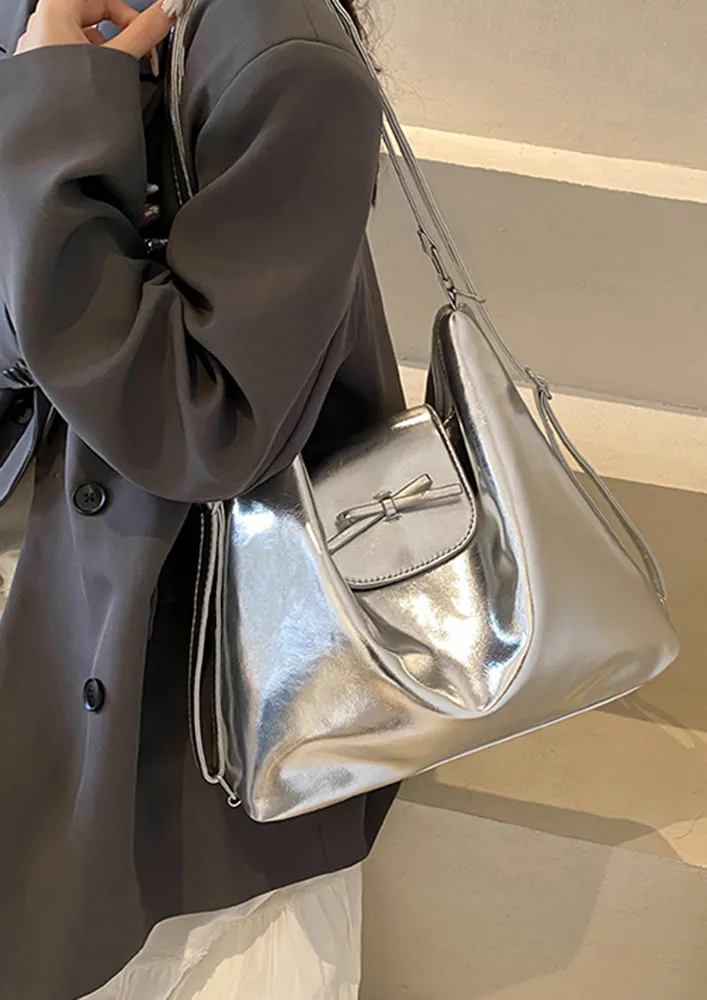SILVER CONVERTIBLE PU LEATHER HOBO BAG