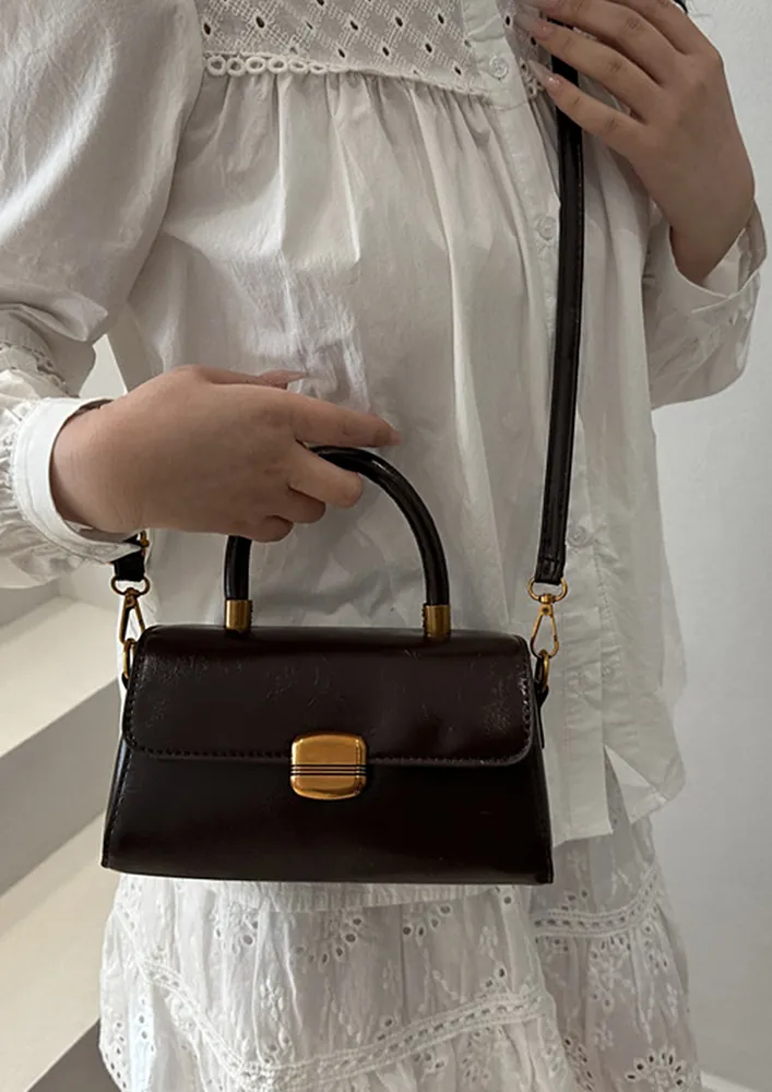 DARK BROWN TOP HANDLE FRONT FLAP SLING BAG