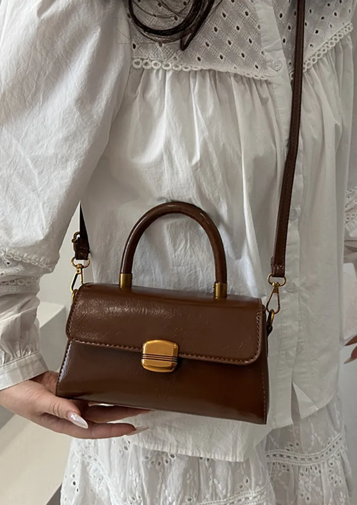 LIGHT BROWN TOP HANDLE FRONT FLAP SLING BAG