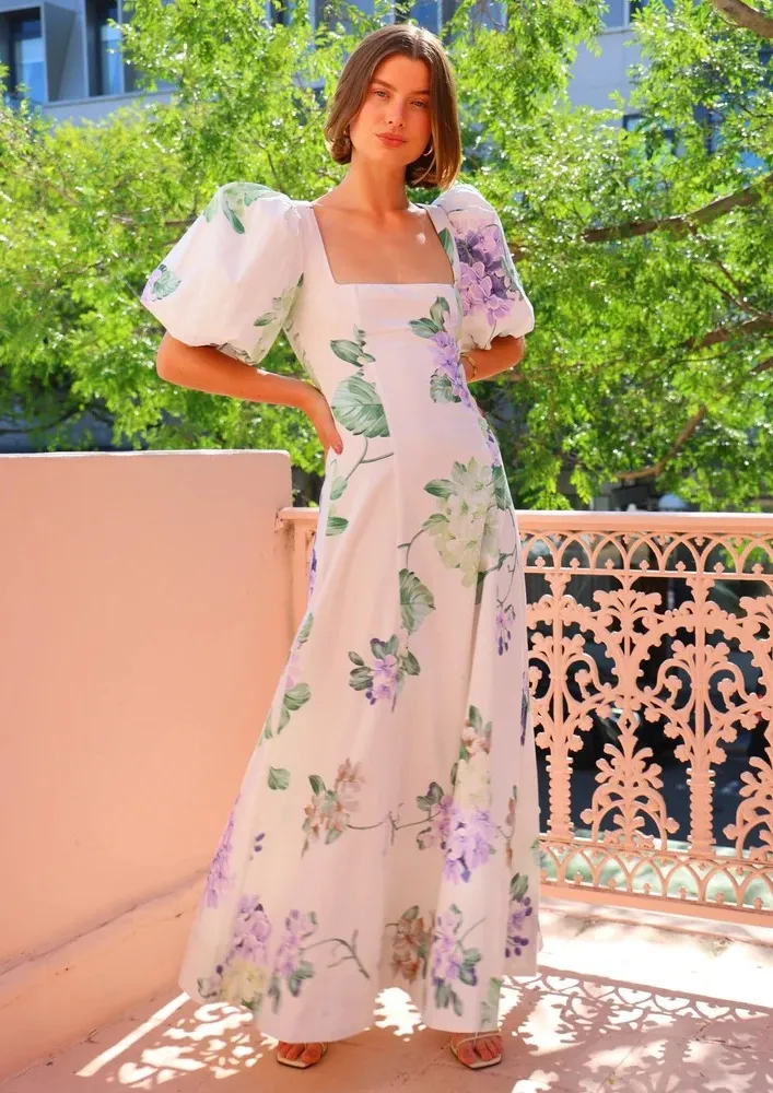 White Floral Print A-line Maxi Dress