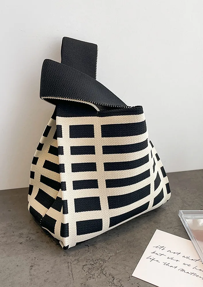 STRIPED DOUBLE-HANDLE BLACK SMALL HANDBAG