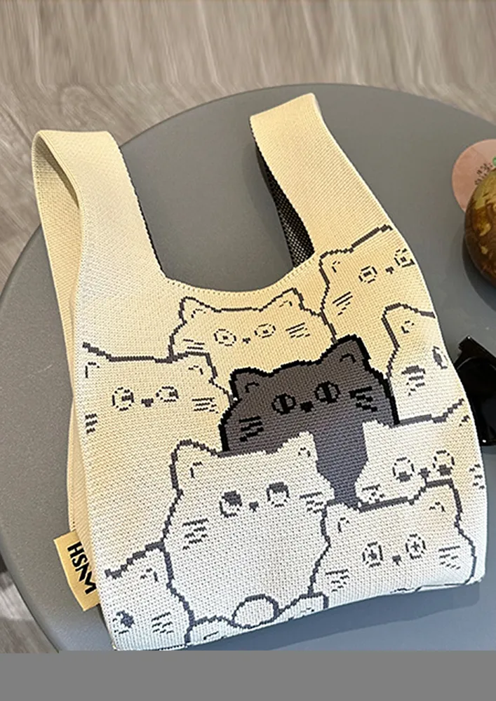 CUTE-KITTY-PRINT WHITE SMALL HANDBAG