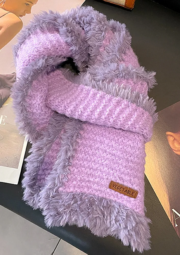 KNITTED PURPLE FUR EDGE SCARF