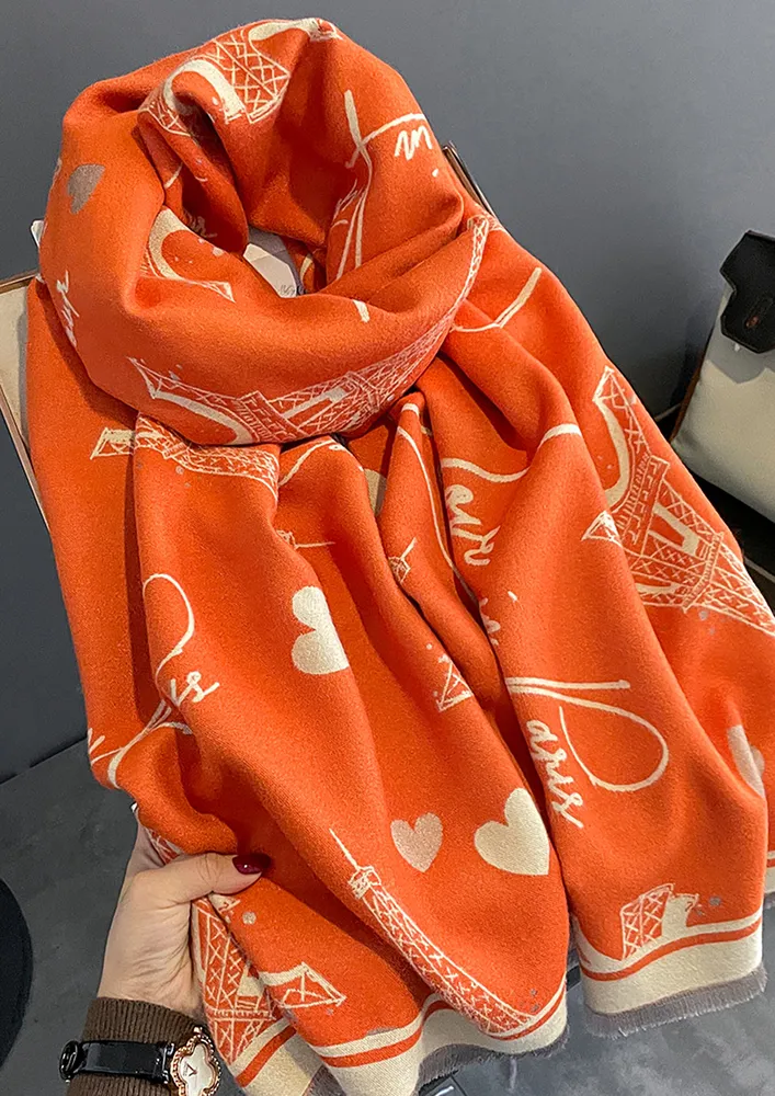 ORANGE TASSEL-EDGE POLYESTER SCARF