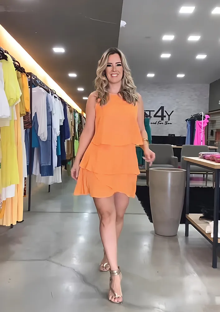 ORANGE SLEEVELESS TIERED SHIFT DRESS