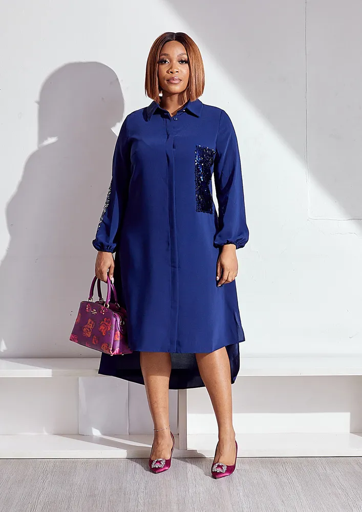 BLUE CONCEALEDN BUTTON IRREGULAR SHIRT DRESS