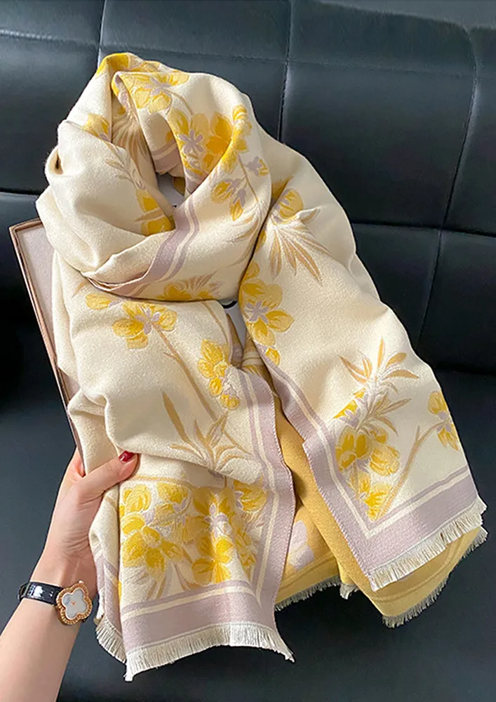 IMITATION CASHMERE BEIGE FLORAL PATTERN SCARF