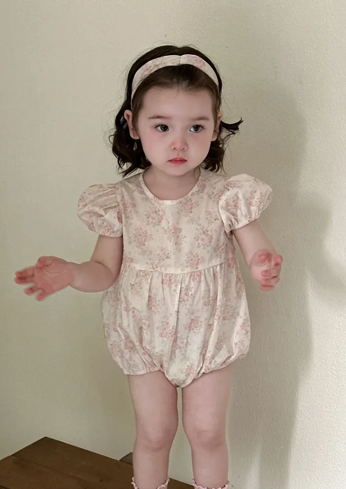 Girls Floral Print Puff Sleeve Onesie W/ Head Band