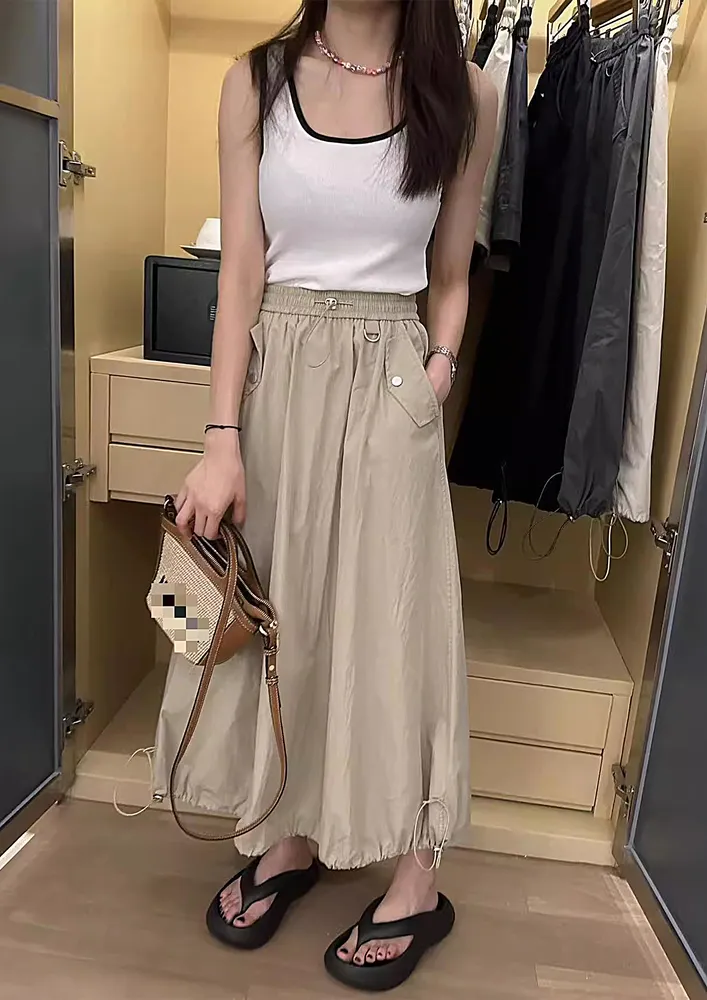 KHAKI DRAWSTRING PARACHUTE MIDI SKIRT