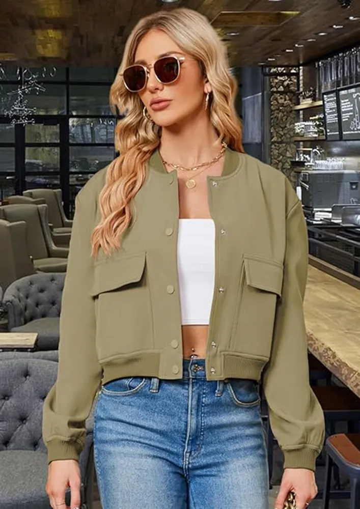 Green Mandarin Collar Bomber Jacket