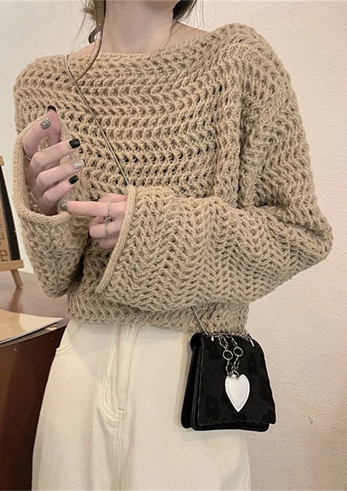 KHAKI HOLLOW-KNIT BOAT NECK JUMPER