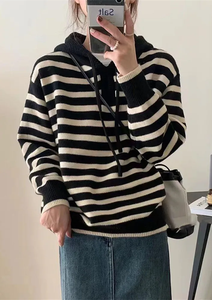 BLACK STRIPED DROP SHOULDER HOODIE