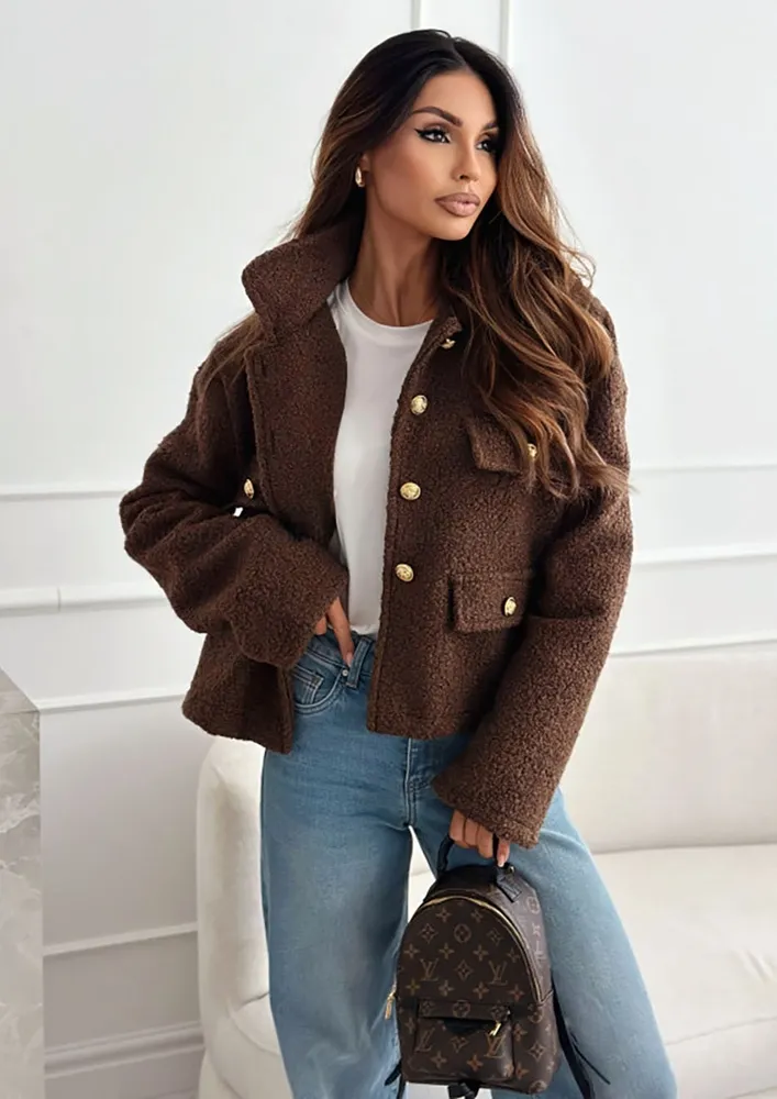 Brown Button-down Teddy Fur Coat