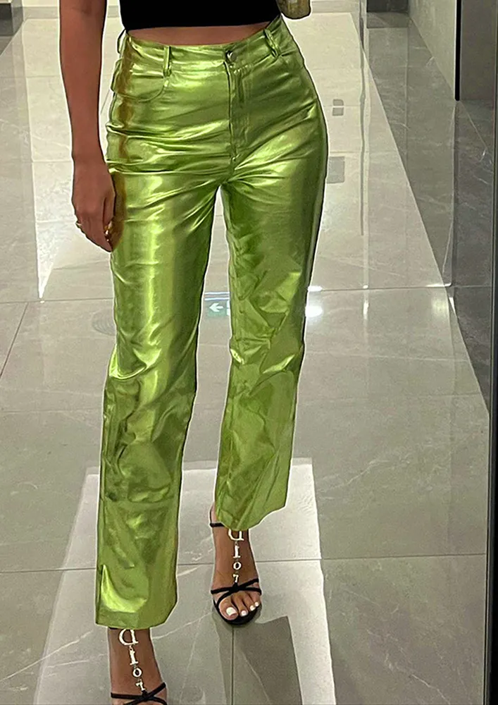 GREEN HIGH-WAIST PU METALLIC LEATHER PANTS