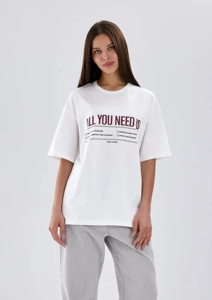 Drop-shoulder White Typographic T-shirt