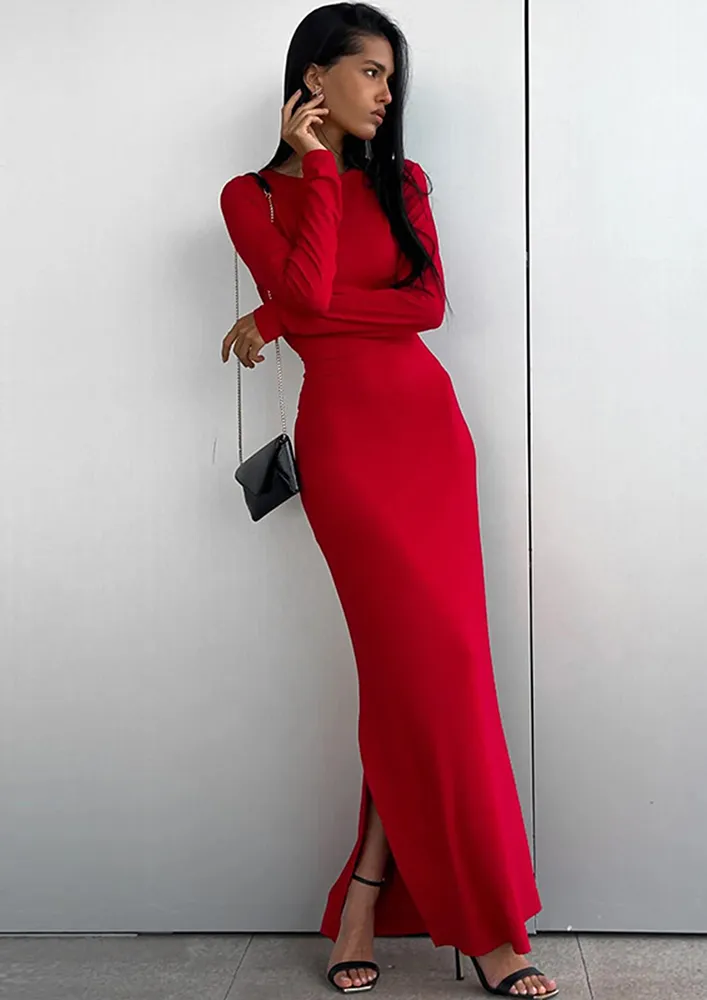 Red Side Slit Crew Neck Maxi Dress