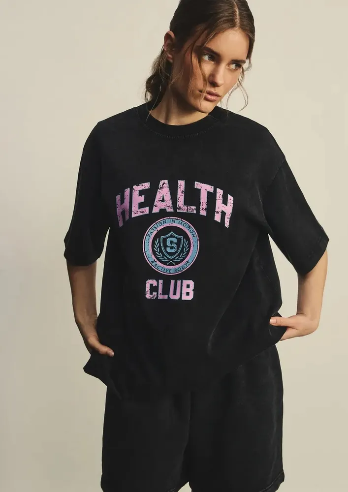 Black Printed Drop-shoulder Loose Tee