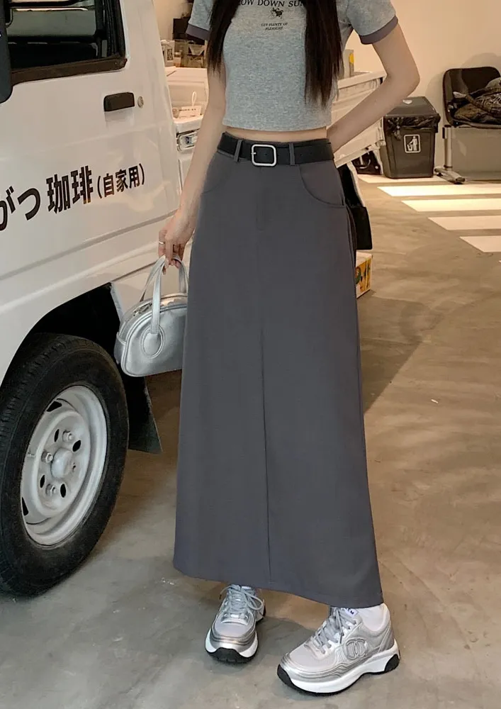 Grey High-waisted A-line Maxi Skirt
