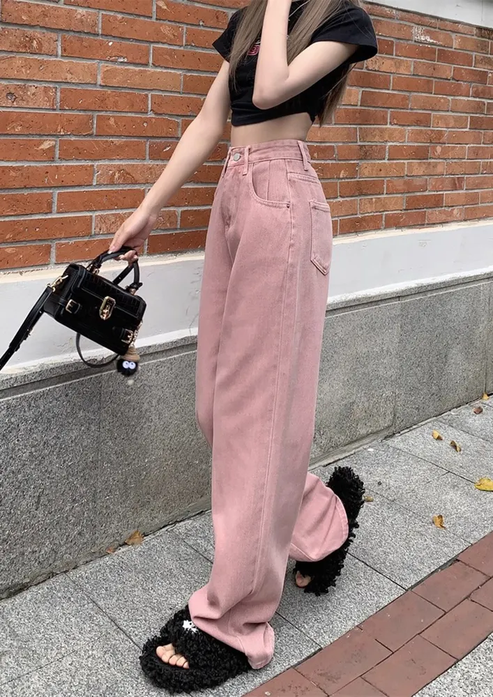 Straight Legged Solid Pink Jeans