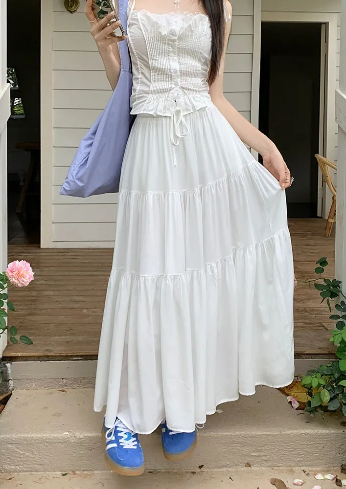 White Free Size Tiered A-line Maxi Skirt