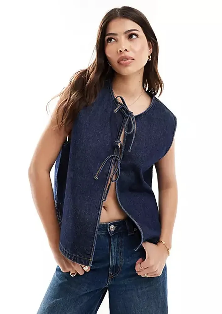 Dark Blue Tie-up Front Denim Top