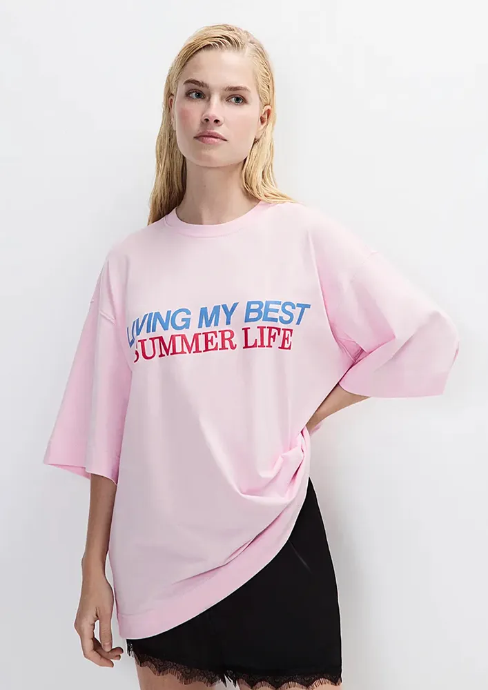 Pink Typographic Oversized-fit T-shirt