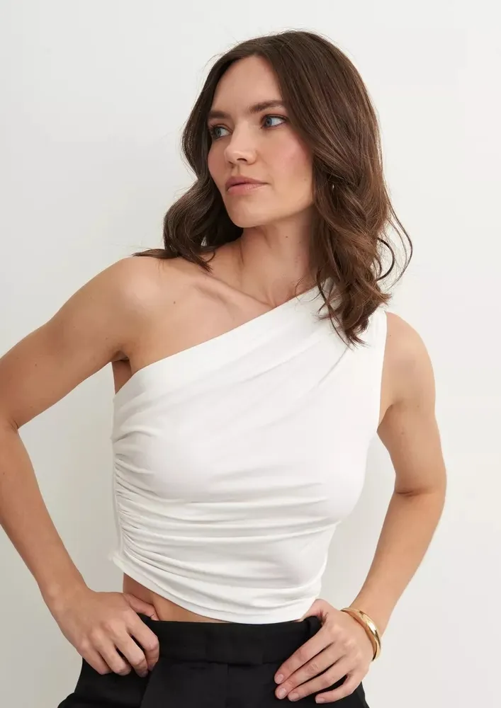 White Ruched-seam One-shoulder Top