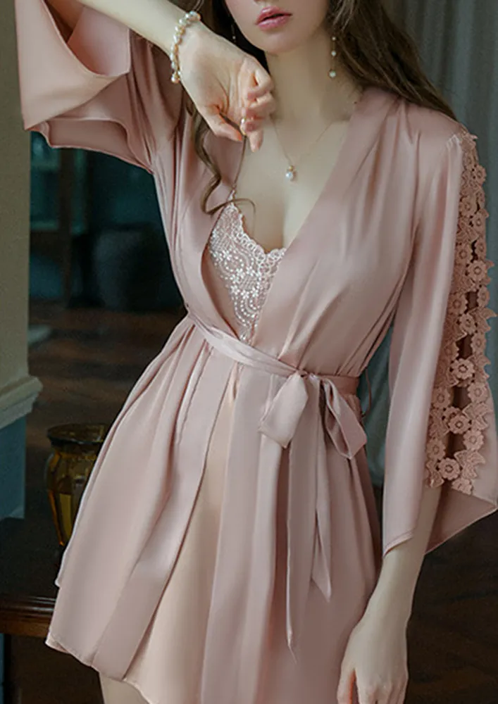 Rose Gold Floral Lace Detail Free Size Night Robe