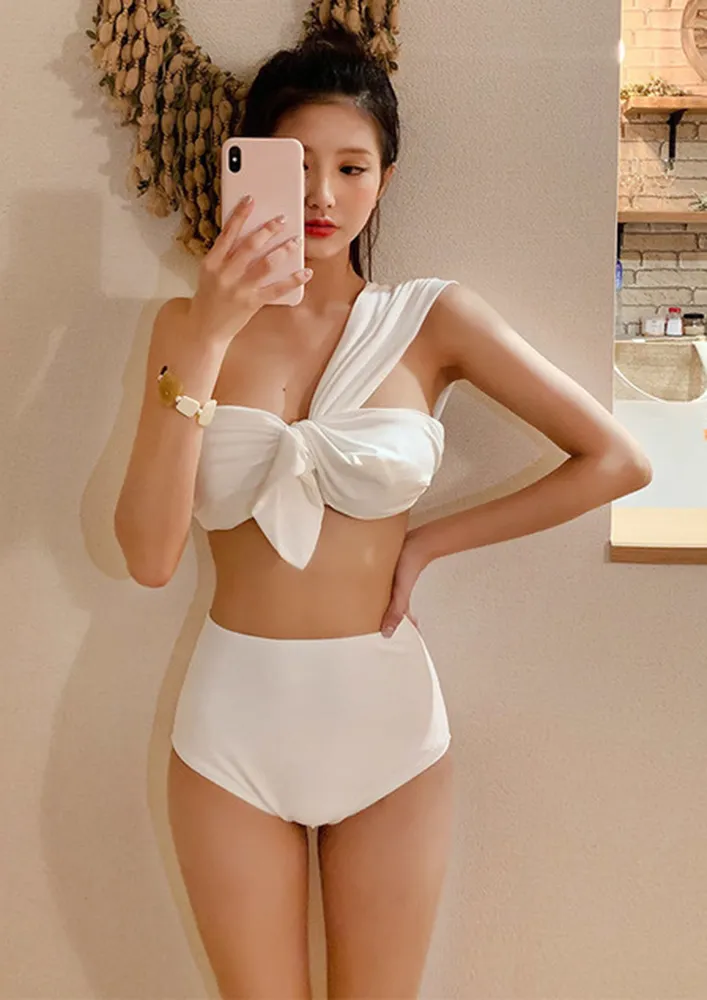 WHITE KNOTTY ONE-SHOULDER BIKINI SET