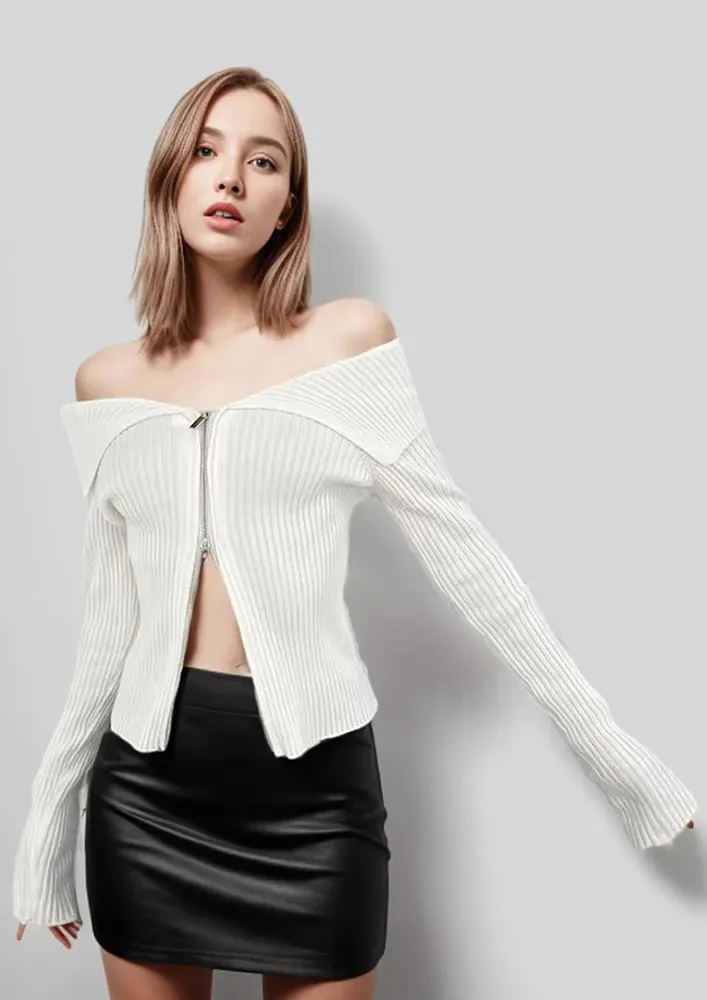 WHITE RIB-KNIT ZIP-UP OFF-SHOULDER TOP