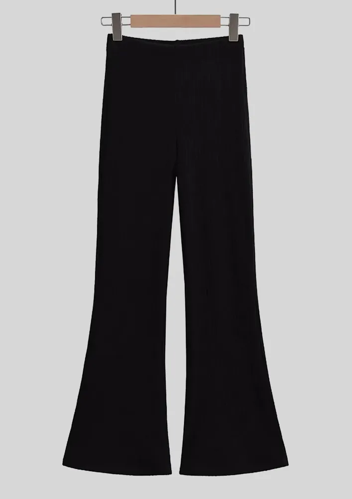 RIB-KNIT BLACK BELL-BOTTTOM TROUSERS
