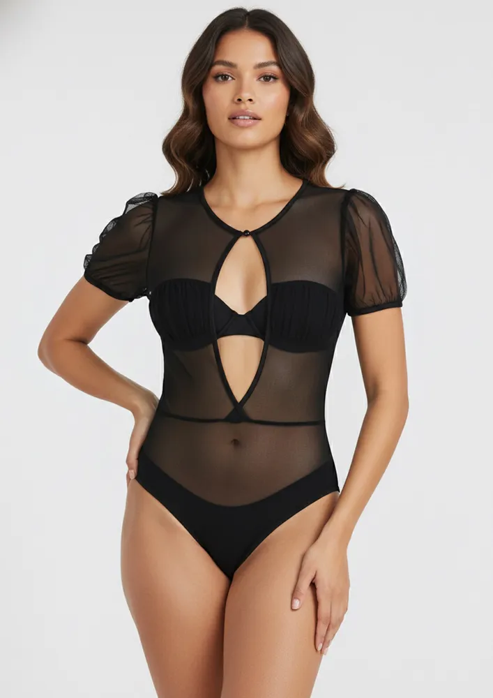BLACK SHEER CUT-OUT BACK BODYSUIT