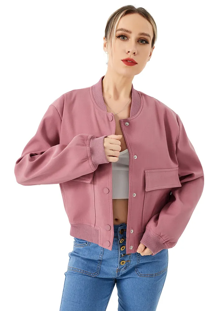 Pink Mandarin Collar Bomber Jacket