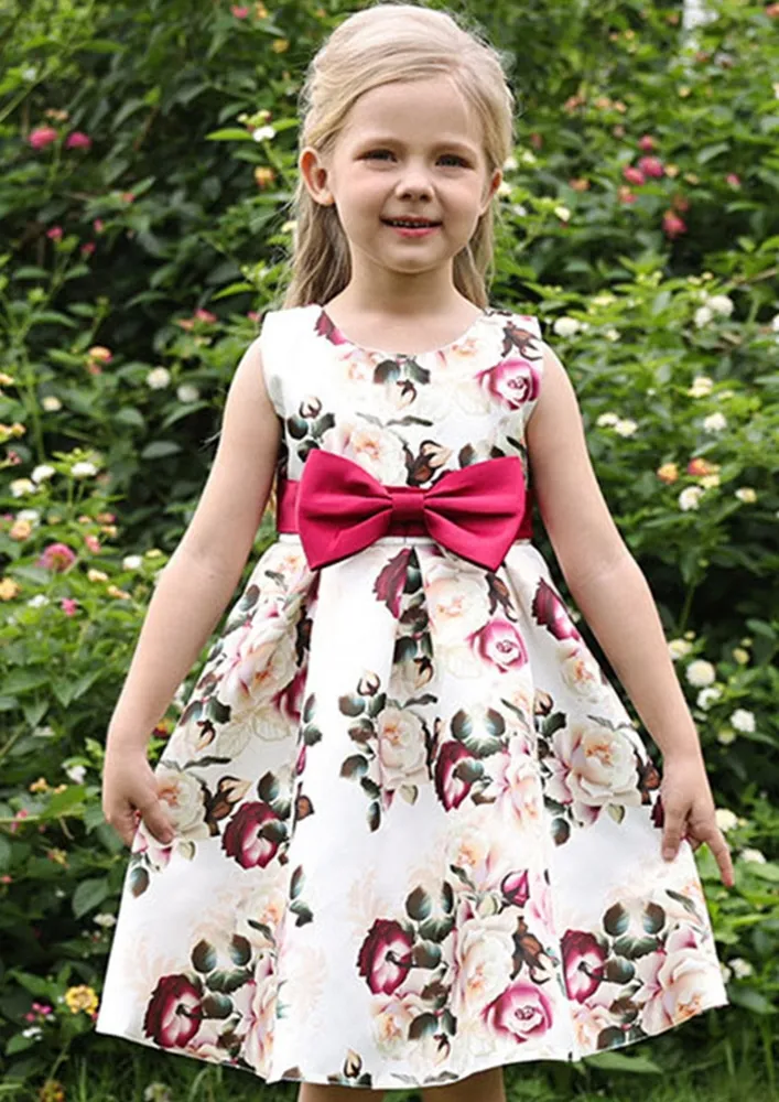 Girls Bow Detail Floral Pattern Dress