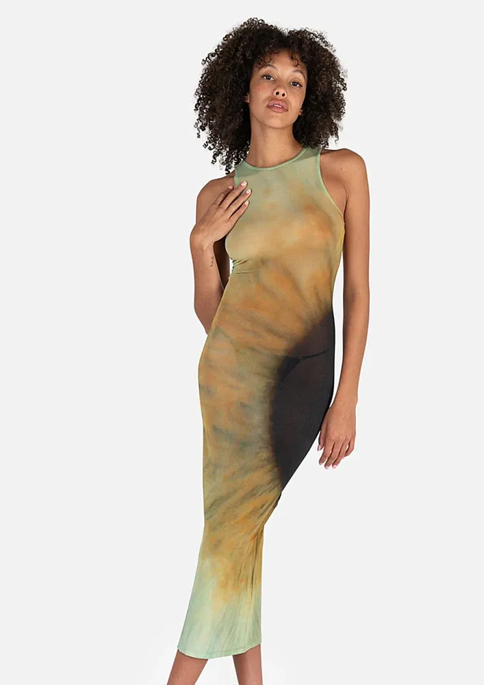 Green Gradient Effect Long Sheath Dress