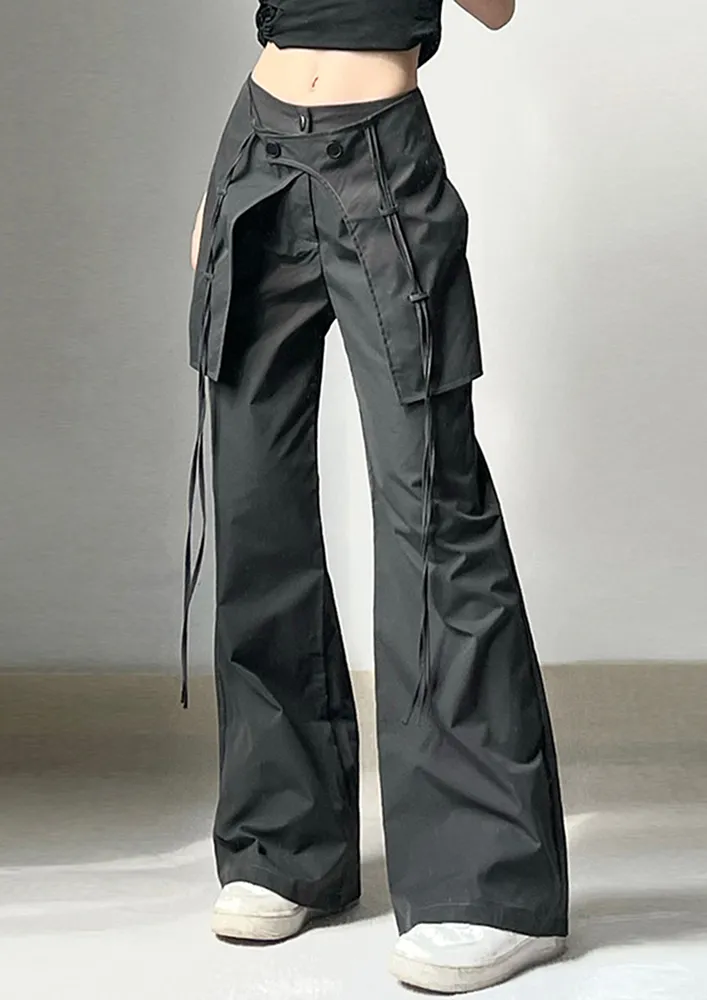 BLACK FLAP-DETAIL WIDE LEG TROUSERS