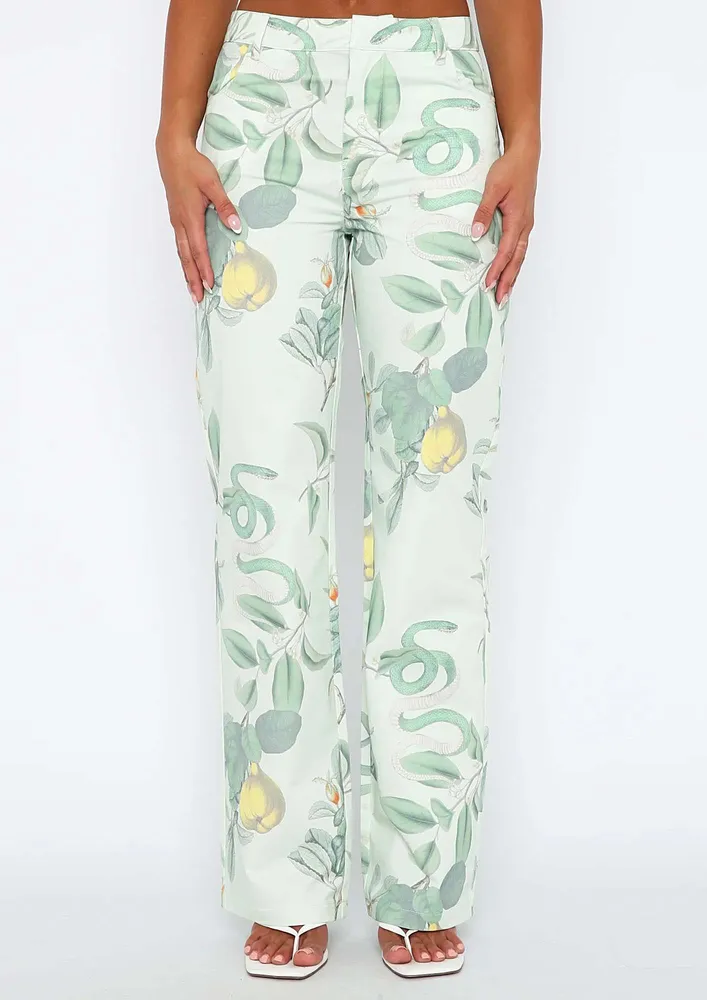 Green Tropical Print Straight Pants