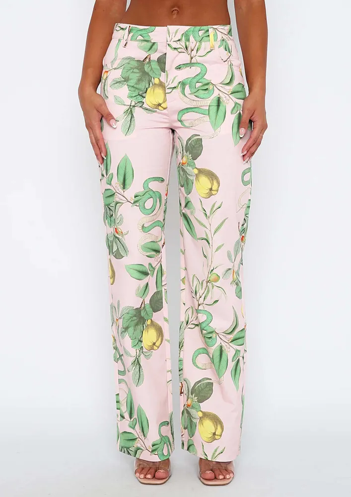 Pink Tropical Print Straight Pants