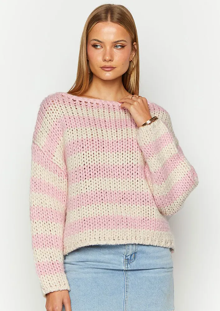 Pink Horizontal Stripes Polyester Jumper