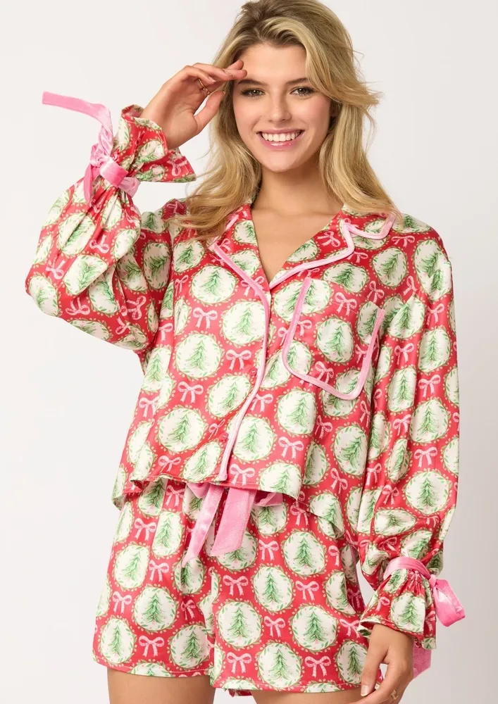 Red Printed Nightwear Shirt & Shorts