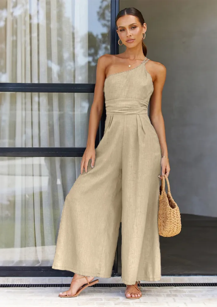 Khaki One-shoulder Wide-legged Jumpsuit