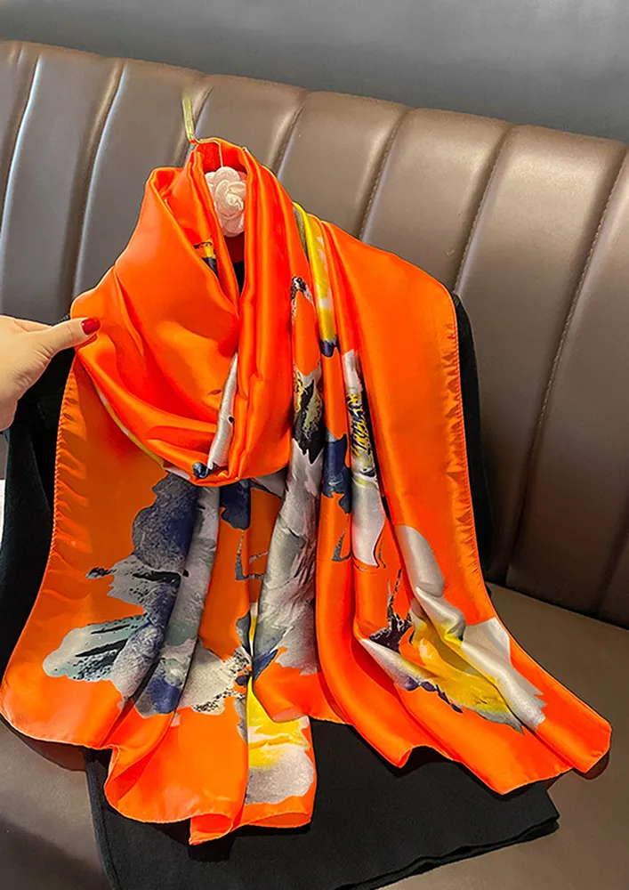 IMITATION SILK FLORAL ORANGE STOLE