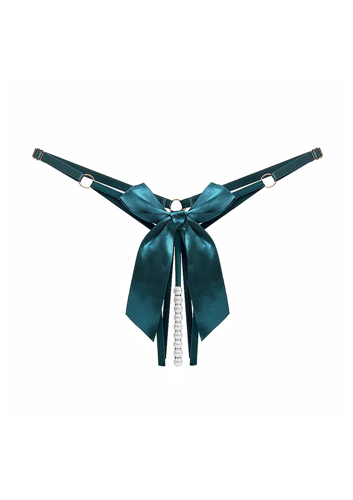 PEARL-STRAP BOW DECOR DARK GREEN THONG