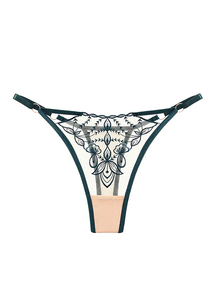 CONTRAST EMBROIDERY G-STRING MESH THONG